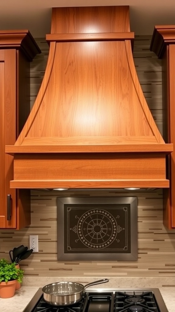 DIY Oven Hood Cover Project A wooden oven hood cover above a stove in a modern kitchen with a clean countertop.